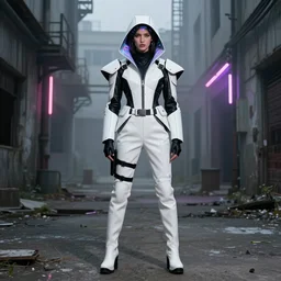 beautiful fashion model with white sci - fi tactical gear, black leather garment, hologram sci - fi hood, full shot fashion photography, misty alleyway, abandoned factory, neon light, by irving penn and storm thorgerson, ren heng, peter elson