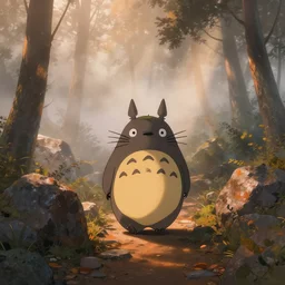a photo of a totoro walking through rocks in a mountainous forest terrain, eary moring, fog, cute, godrays, complementary colors, calm, relaxing, beautiful landscape, highly detailed, high quality, 4k HDR, natural lighting, close view, path tracing, orange palette, anatomically correct, hyperrealistic, low contrast