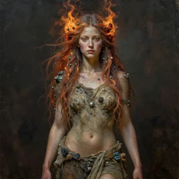 oil portrait | single character | full medium shot | front close - up | dressed in long rags with minerals, fire in your hair, ethereal, biblically accurate goddess, tiny mineral embellishments on the face, particles, octane render, devianart, fine art, intrincate. by peter mohrbacher, marc simonetti, anna podedwor
