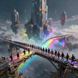 incredible, mindblowing, refugees crossing a ruined bridge made of rainbow hardlight, floating city in the sky, matte painting, artstation, cgsociety, dramatic lighting, concept art, octane render, arnold 3 d render