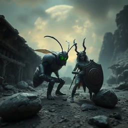by chet zar and alexander jansson, visually stunning, cinematic, ultra realistic, hyper realism, 1 2 k, epic, octane render, unreal engine, vfx, maya, armored goon : weaponized wasp, quicksand elemental : beaming sidekick, wee whelp : dragon egg, alley armorsmith : shieldmaiden