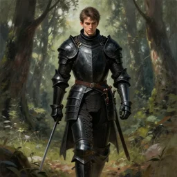 a knight dressed in black armor,walking in a forest,dramatic,detailed face,digital art,art by greg rutkowski,Akihiko Yoshida,artstation,deviantart,photorealistic,highly detailed,calm,natural lighting,hyperdetailed,Character design by charlie bowater, ross tran, artgerm, and makoto shinkai, detailed, inked, western comic book art, 2021 award winning painting