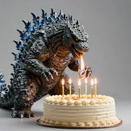 godzilla blowing out candles on a giant birthday cake, cinematic composition, highly detailed, trending on artstation, realistic, comic book art