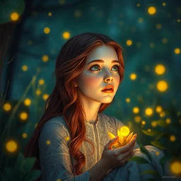an amazed young woman looking at golden firefly lights in a mesmerizing scene, sitting amidst nature fully covered, intricate detailed dress, long loose red hair, precise linework, accurate green eyes, small nose with freckles, smooth oval head, empathic, expressive emotions, hyper realistic ultrafine portrait by artemisia gentileschi, jessica rossier, artgerm