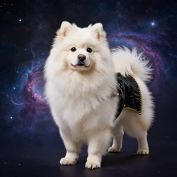 fluffy dog, full body, alexander hamilton style, beautiful costume, dark fantasy, nebula background, digital art, 4 k