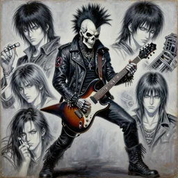 a portrait of the grim reaper as a punk rocker playing an electric guitar, punk, skeleton face, mohawk, dark, fantasy, leather jackets, spiked collarsand wristbands, piercings, boots, ultrafine detailed oil on canvas painting by frank frazetta and vito acconci and and takeshi obata, death note style, symetric body, sharp focus