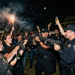 photography of police in the night, shooting into the air with uzi guns, smiling and celebrating, champagne and confetti, cop party