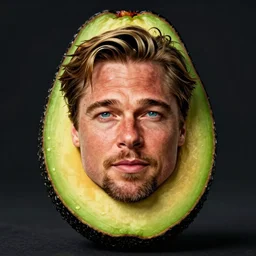 the face of brad pitt as a pitt in the middle of an avocado