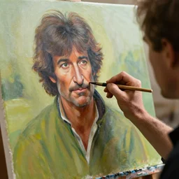 a closeup photorealistic photograph of bob ross working on a canvas painting of hawkeye. film still. brightly lit scene. this 4 k hd image is trending on artstation, featured on behance, well - rendered, extra crisp, features intricate detail, epic composition and the style of unreal engine.