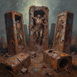 oil paint of flayed rectangular god machines, wrecked and rusted, geocracking, fungal pit, rotting, by alberto bontempi, alex ross, shigeru komatsuzaki, wayne d barlowe, stefano tamburini, narrative light, muted colors, epic, hyper detailed, awe inspiring, award winning horror, narrative lighting, hyper realism, cinematical