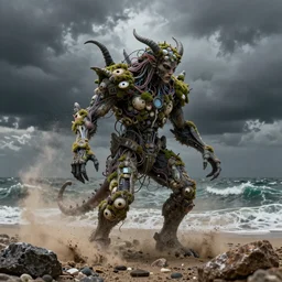 a beautiful demonic creature covered in moss shells and electronic wires sculpture electricity earthquake, ocean, sea, dust particles, covered in dust, grind, rocks, dark clouds