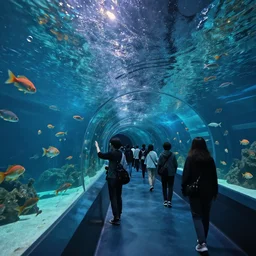 an underground aquarium corridor, people observing lots of beautiful fish, fantastic space, water droplets, highly detailed, artstation trend, highly detailed and intricate, studio ghibli, makoto shinkai, no blur, photography, unreal engine 5