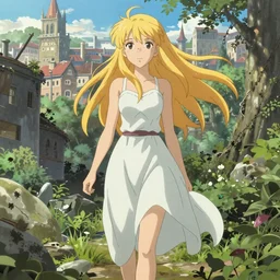 Portrait of a golden-haired elf woman walking through a city reclaimed by nature, beautiful face, highly detailed, photoshop, digital illustration, official anime key visual, by Makoto Shinkai and Hayao Miyazaki, by Ilya Kuvshinov and Alphonse Mucha and Andrei Riabovitchev