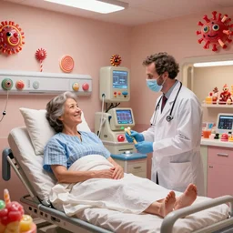 professional photo of a happy patient and doctor or nurse in a hospital room made out of soft candy, candy hospital equipment, candy hospital room, candy treatments, oompa loompa virus, willy wonka pandemic