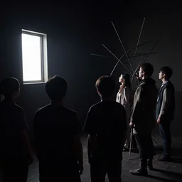 spontaneous avatar the last airbender by andre lhote. a group of people in a dark room. the only source of light is a small window in the corner. the people are all looking at something outside of the kinetic sculpture.