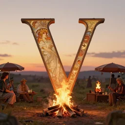 a bonfire party at sunset around the letter v by alphonse mucha, 8 k, sharp focus, lighting study, octane render