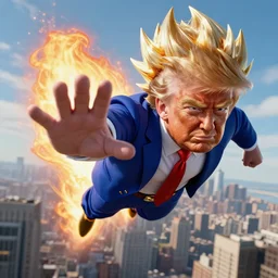 photorealistic of an hyper realistic super sayan trump flying in the sky and prepare a kamehameha above new york city. accurate and high details on trump's face. intricate, highly detailed, unreal engine 5.