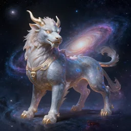 chinese god beast in space, absorbing the energy of galaxies to create his metaverse, soft light, realism, maximum detail, high quality, good study of style, depth of field, focus, painting classicism and abstractionism, 8 k by monet