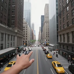 first person view, flying low to busy street between sky scrapers in new york city