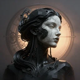 epic illustration, low poly, neobrutalistic, digital abstract sculpt of beautiful female face body and black swirling latex acrylic portrait, black latex sculpt, minimalism, mechanical superstructure, sacred geometry, 8 k, cinematic, magic hour, beautiful light, sculpture of carving marble, dark colors, filigree ornaments, one point light, clockwork, epic matte painting, concept art, digital painting