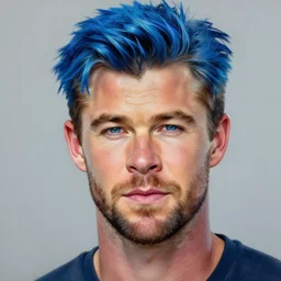 a portrait of chris hemsworth with blue!!!! hair, vivid colors, photorealistic painting by mandy jurgens, trending on artstation, photorealism, detailed painting, behance hd, hyper realism