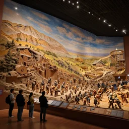 megalophobia!!!!! photo of an exhibit museum room, people looking at a huge tri - dimensional diorama depicting the full history of humanity, national art museum, scientific, eldritch, rule of thirds
