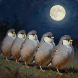 a row of fat bearded reedlings, oil painting, midnight, moonlight, full moon, highly detailed, intricate, hyper realistic