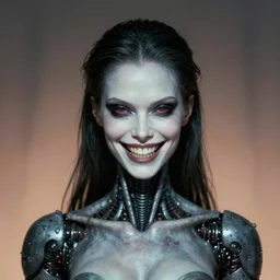 portrait of an female android smiling, menacing teeth, by zdzislaw beksinski, by dariusz zawadzki, by john jude palencar, gothic, surrealism, cosmic horror, lovecraftian, cold hue's, warm tone gradient background, concept art, beautiful composition