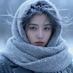 detailed face of a cold woman bundled in a textile scarf bracing against the wind, lush, opulent, crystallized, light cascade, shimmer, soft reflections, prism, frosty, atmospheric, ambient, pj crook, syd mead, livia prima, artgerm, greg rutkowski, nick alm, casey baugh
