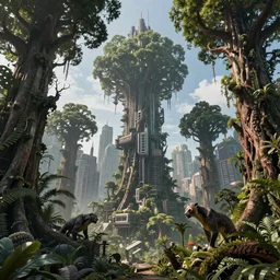 visualdon wlop siconolfini rocha dahl artgerm bilibin harris zorn interpretation of a massive cyberpunk city thriving within a forest of colossal trees and wildlife, photorealism hd hdr unreal engine 5 dop maximalist hyperrealism realistical photo - realistic lifelike photography hyperdetailed intricate beautiful photography