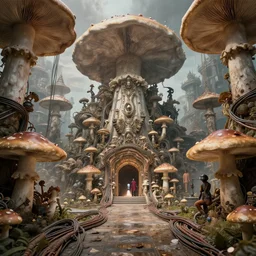 wide - angle shot of mushroom temple, cables and tubes, depth of field, zeiss lens, detailed, symmetrical, centered, fashion photoshoot, by nicoletta ceccoli, mark ryden, lostfish, earl nore, hyung tae, frank frazetta, breathtaking, 8 k resolution, extremely detailed, beautiful, establishing shot, artistic, hyperrealistic, octane render