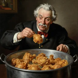 Colonel Sanders eating cooking fried chicken in a deep fat fryer. Painted by Caravaggio, high detail