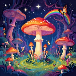 psychedelic mushrooms, enchanted cosmic forest, mushrooms on the ground, small fairies, stars in the sky, butterflies, rainbows, psychedelic, wide angle shot, vector art, optical illusion, heavenly underwater, 4 k, fantasy poster by helen huang and frank frazetta and salvador dali