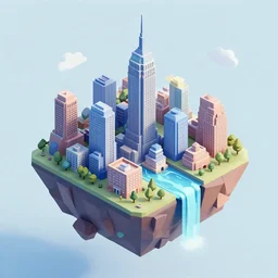 manhattan on a floating island in the sky, low poly art, isometric art, 3d render, ray tracing, waterfall, high detail, artstation, concept art, behance, smooth, sharp focus, ethereal lighting