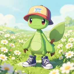 anthropomorphic leavanny pokemon girl like a mantis in a floe standing in a field of daisies wearing converse shoes and a davey crockett hat, digital illustration by ruan jia on artstation
