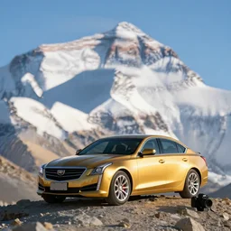 a golden cadillac is sitting on the peak of mount everest, clear focus, bokeh effect, high res, hasselblad, dslr