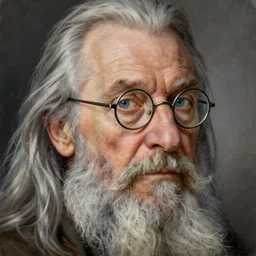 face portrait of a very old wizard with long silver hair and beard and light blue eyes, small half - moon glasses and a long crooked nose, highly detailed, painting