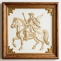 a coherent illustration fantasy wood frame engraving with elegant details, golden border detail ornaments art by fantasy style, centered, facing shot, crowns, dragons!! and royal shields, symmetry!!!, elegant, masterpiece