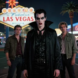 35mm kodak portra portrait of a darkwave vampire on the Las Vegas strip at night by tomer hanuka and tom bagshaw, hyper realism, high detail, octane render, 8k, trending on artstation, CGsociety, concept art