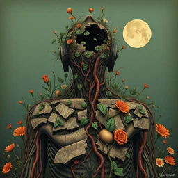 broken body vessel armor broken with plants and veins overgrowth, avant garde monumental dynamic illustration by magritte and edward hopper, illusion surreal arthighly conceptual figurative art, intricate detailed illustration, controversial poster art, polish poster art, geometrical drawings, no blur