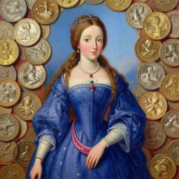 coins lapidary surrealist surreal hyperrealistic saturated colorful vibrant painting of maria sibylla merian pixar oil painting,