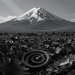 a beautiful and detailed picture of mount fuji surrounded by a field of black lotus flowers with petals in a fibonacci sequence, in the style of magic the gathering, highly detailed, digital painting, god rays, volumetric lighting, octane render, 4 k resolution, art by adam paquette and johann bodin and jason rainville
