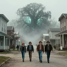 classic small american town street from the 8 0 - s, 8 0 - s teenagers walking, sinister wood in the background with an mystical aura and foggy weather