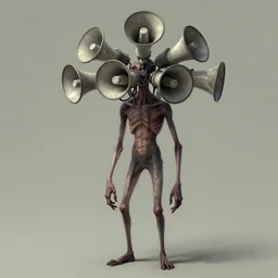 a very thin tall huge creepy humanoid with several megaphones instead of a head. character concept art, extremely high details, artstation contest winner, art by dariusz zawadzki, simon stalenhag. masterpiece