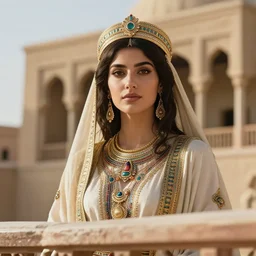 beautiful close up portrait of a young Persian queen in Ancient Persia standing on the balcony of a palace, soft sunlight hitting face, realistic, digital art, 4k