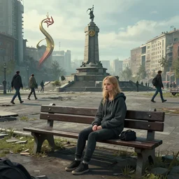 storyboard by gabriel hardman : sadie sink in hoodie sits on bench in ruined square, pedestrians walk by, old soviet monument. scifi cyberpunk. cinematic atmosphere, detailed and intricate, perfect anatomy
