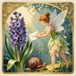 art nouveau style illustration of a hyacinth fairy delivering a letter to a snail