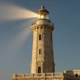 Detailed Exterior Shot of The Archaic Ornate Lighthouse of Alexandria, light of god, light shafts, flock of birds, stunning atmosphere, in Style of Peter Mohrbacher, cinematic lighting