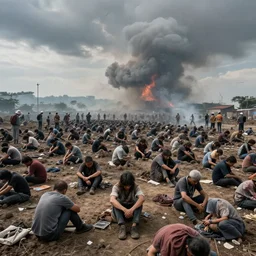 realistic photo of people are suffering due to high atmospheric temperature, wide angle shot, very sharp focus, very hyper realistic, highly detailed, fantasy art station