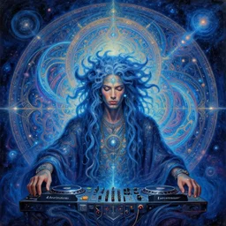 an overdetailed maximalist psychedelic visionary portrait of the legendary dj goa gil by alex grey feat cameron gray. mandala inspired motives in the background. cosmic ethereal arcane spiritual esoteric holy sacred artistic fineart painting. spiralling composition. influenced by igor goryunov. blue colorpalette. volumetric lights